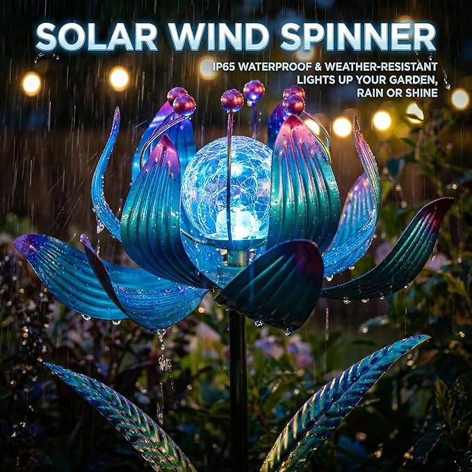 Solar Wind Spinner Outdoor Metal - Kinetic Lotus Flower Garden Sculptures & Spinners with Crackle Glass Lighting, 360° Spinning Yard Art Decor for Patio, Lawn, Pathway, Gifts for Women