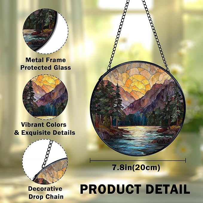 Mountain Sunset Suncatcher Stained Glass Window Hanging, Nature Mountain Landscape Sun Catchers Indoor Window Glass Wall Art Decor, Nature Wall Hanging Decor, 7.9x7.9 Inch 044-MH-BLGH