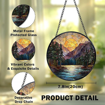 Mountain Sunset Suncatcher Stained Glass Window Hanging, Nature Mountain Landscape Sun Catchers Indoor Window Glass Wall Art Decor, Nature Wall Hanging Decor, 7.9x7.9 Inch 044-MH-BLGH