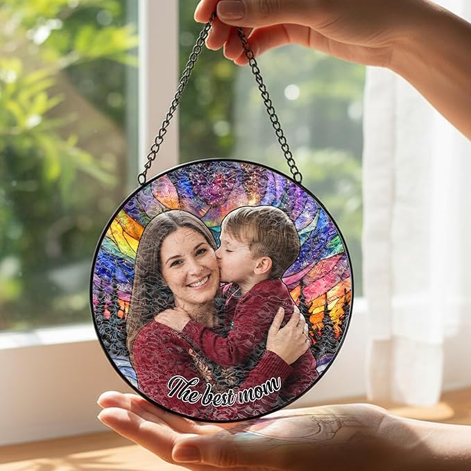 Personalized Mom Stained Glass Windows Hanging, Family Picture Suncatcher Ornament, Custom Photo Gift, Christmas Birthday Grandparents Mom Gifts