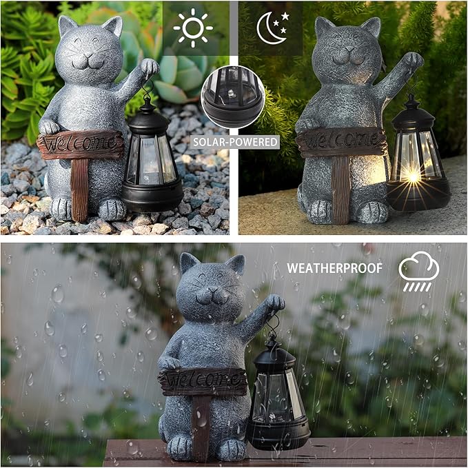 Garden Decoration Solar Powered Welcome cat Statue: Mothers Day Birthday Gifts for Mom Grandma Women Sister Wife Lady Lover - Balcony Garden Patio Lawn Porch Welcome Cat Decoration