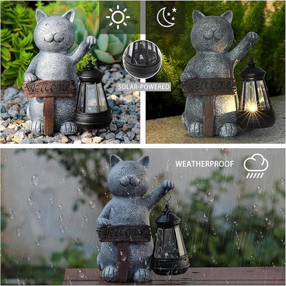 Garden Decoration Solar Powered Welcome cat Statue: Mothers Day Birthday Gifts for Mom Grandma Women Sister Wife Lady Lover - Balcony Garden Patio Lawn Porch Welcome Cat Decoration