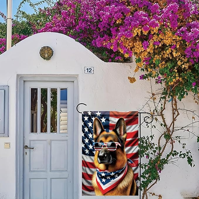 Patriotic 4th of July Garden Flag German Shepherd Dog American Flag Glasses 12x18 Inch Double Sided Seasonal Summer Yard Flag Outdoor Decoration for Porch Lawn Patio Independence Day