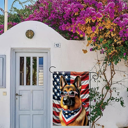 Patriotic 4th of July Garden Flag German Shepherd Dog American Flag Glasses 12x18 Inch Double Sided Seasonal Summer Yard Flag Outdoor Decoration for Porch Lawn Patio Independence Day