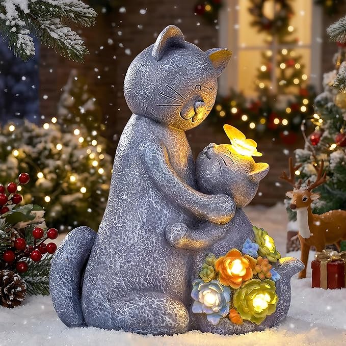Candieslife Solar Garden Statues Loving Cat Figurine Lights for Outside, Yard Decorations Outdoor, Garden Decor Unique Mothers Day Birthday Housewarming Gifts for Mom, Women, Lover