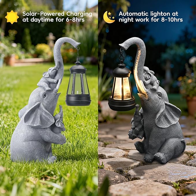 Solar Outdoor Garden Decor, Elephant Statue with Lantern for Patio, Yard Ornament and Lawn Decoration, Birthday Housewarming Gift for Mom, Wife, Grandma