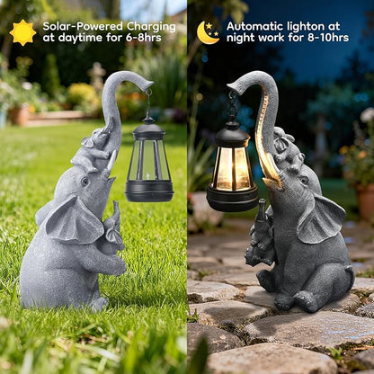 Solar Outdoor Garden Decor, Elephant Statue with Lantern for Patio, Yard Ornament and Lawn Decoration, Birthday Housewarming Gift for Mom, Wife, Grandma