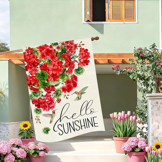 Baccessor Spring House Flag 28 x 40 Inch, Red Geranium Floral Double Sided Burlap Welcome Large Yard Flag Seasonal Holiday Lawn Proch Outdoor Outside Decor
