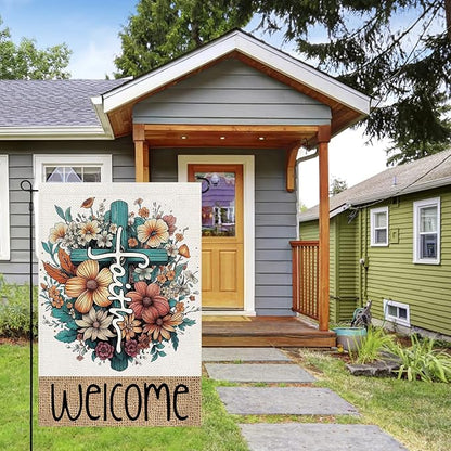Welcome Cross Flowers Garden Flags 12x18 Vertical Double Sided, Easter Spring Summer Yard Flag for Outside Religious Decor, He Is Risen Holiday Outdoor Seasonal Decorations for Home