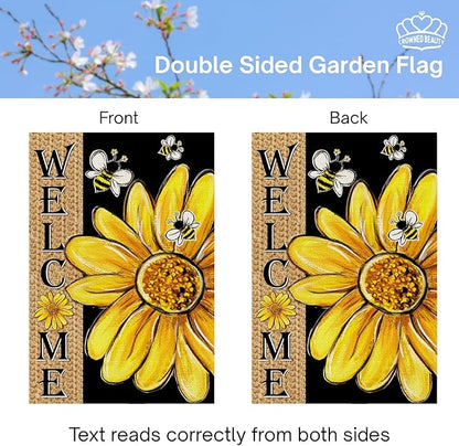 CROWNED BEAUTY Spring Summer Garden Flag Daisy Bee Welcome 12x18 Inch Double Sided Small Floral Summer Seasonal Holiday Decoration for Outdoor Lawn Yard
