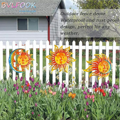 Metal Sun Wall Art Decor,12 Inch Retro Hanging Decor With Glass,Sun Moon Star Valentine Wall Decorations For Patio Yard Garden Fence Living Room Bedroom, Set of 3