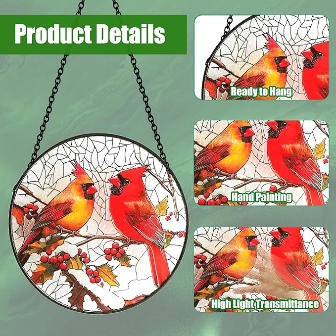 6 Inch Stain Glass Window Hanging, Window Suncatcher with Metal Chain, Cardinal Suncatcher Stained Glass for Bird Lovers Women, Garden, Home, Housewarming Gifts