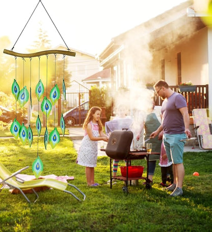 CoTa Global Peacock Feathers Wind Chime - Handmade Glass and Metal Chime - Wild Life Hanging Decor - Colorful Home Decor Gift, Indoor and Outdoor Hanging Decoration for Porch, Patio, Garden - 31 Inch