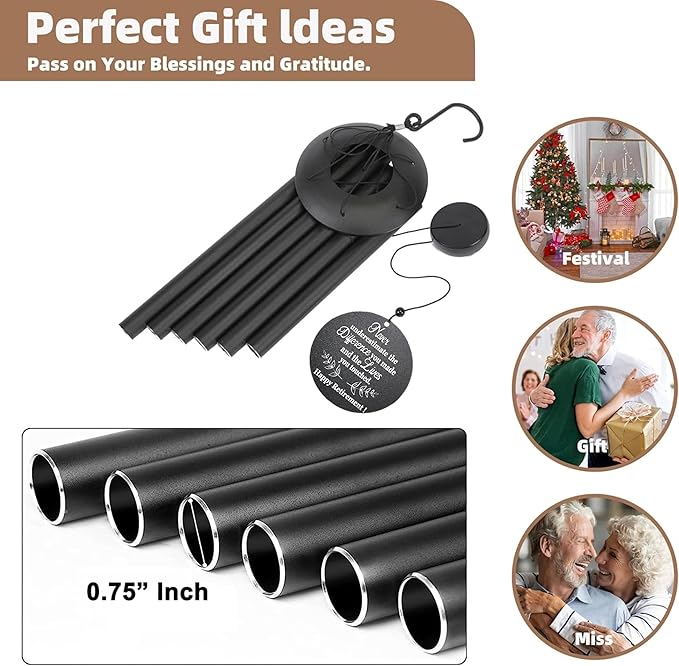 Retirement Gift for Woman Men, 32" Wind Chimes Retirement Gifts, Happy Retirement Gifts for Coworker Colleague Boss Teachers Nurses Friends, Going Away Gifts Retirement Decorations (Black)