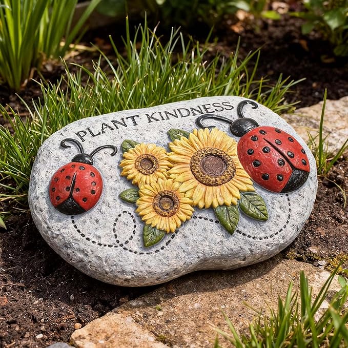 Ladybug Garden Stepping Stones, 4.1"×3.7" Decorative Ladybugs Sunflower Concrete Stepping Stone, Plant Kindness Gardening Gifts for Outside Yard Walkway Pathway Patio Lawn Spring Home Decor