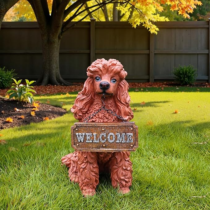 Poodle Dog Garden Statue with Solar Lantern & Double-Sided Welcome Sign, 14.4" Tall Outdoor Pet Sculpture Decor for Front Porch, Patio, Yard and Lawn, Dog Lover Gifts (Brown)