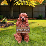 Poodle Dog Garden Statue with Solar Lantern & Double-Sided Welcome Sign, 14.4" Tall Outdoor Pet Sculpture Decor for Front Porch, Patio, Yard and Lawn, Dog Lover Gifts (Brown)