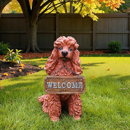 Poodle Dog Garden Statue with Solar Lantern & Double-Sided Welcome Sign, 14.4" Tall Outdoor Pet Sculpture Decor for Front Porch, Patio, Yard and Lawn, Dog Lover Gifts (Brown)