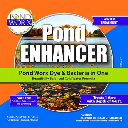 Pond Enhancer Gallon - Pondworx Concentrated Blue Dye with Pondworx Bacteria, 2 in 1 Formulation - Treats 1 Acre - Safe for Fish, Wildlife, Pets & Children