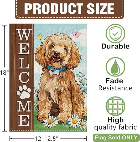 Dyrenson Welcome Goldendoodle Dog Decorative Garden Flag, Paw Print Yard Outside Home Decorations Pet Lover Gift, Spring Summer Burlap Outdoor Small Decor Double Sided 12 x 18