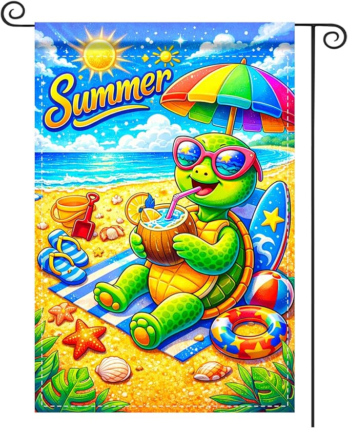 Nuxovilar Summer Garden Flag Summer Turtle Coconut Beach Pattern Polyester 12x18 Inches Garden Flags for Outside Tropical Decor Yard Porch Poolside