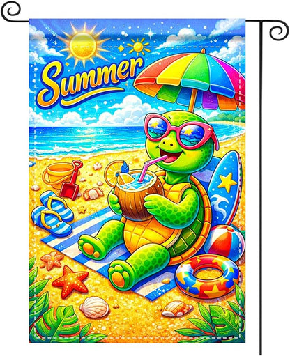 Nuxovilar Summer Garden Flag Summer Turtle Coconut Beach Pattern Polyester 12x18 Inches Garden Flags for Outside Tropical Decor Yard Porch Poolside