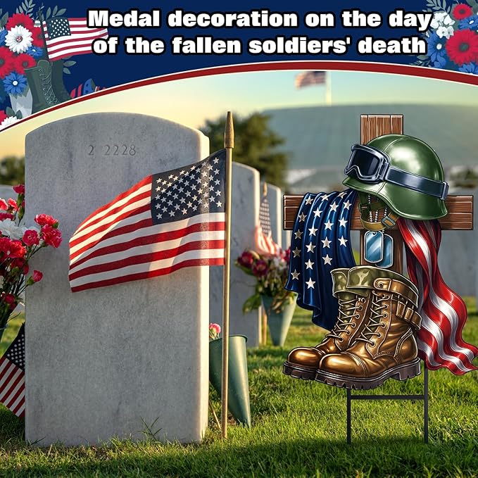 Moxweyeni Metal Memorial Day Yard Decoration Patriotic Yard Sign with Stakes 13.78 Inch Military Soldiers Boots Patriotic Veteran Outdoor Decoration for Home Garden Lawn Supplies