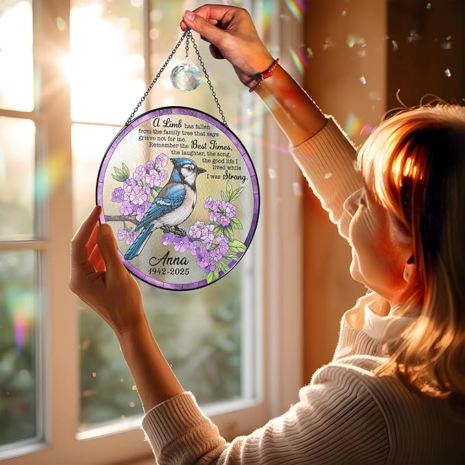 Personalized Bird Memorial Stained Glass Suncatcher, Sympathy Gift for Loss of Loved One, in Loving Memory Crystal Window Suncatcher, Remembrance Gift for Mom, Dad, Family, Memorial Keepsake Decor