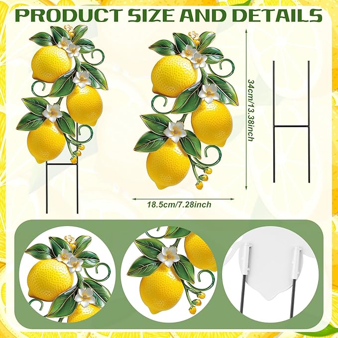 Amyhill Lemon Outdoor Decor Summer Metal Garden Stakes Yellow Lemon Yard Signs Rustic Farmhouse Floral Waterproof Lawn Sign Outdoor Decorations for Summer Holiday Garden Lawn Decor
