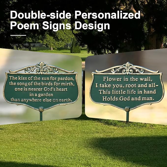 Metal Garden Signs for Outside, "The Kiss of The Sun" Double-Sided Vintage Green Metal Poem Plaque with Stake, Personalized Outdoor Garden Sign for Patio Yard Lawn Backyard Porch Decor