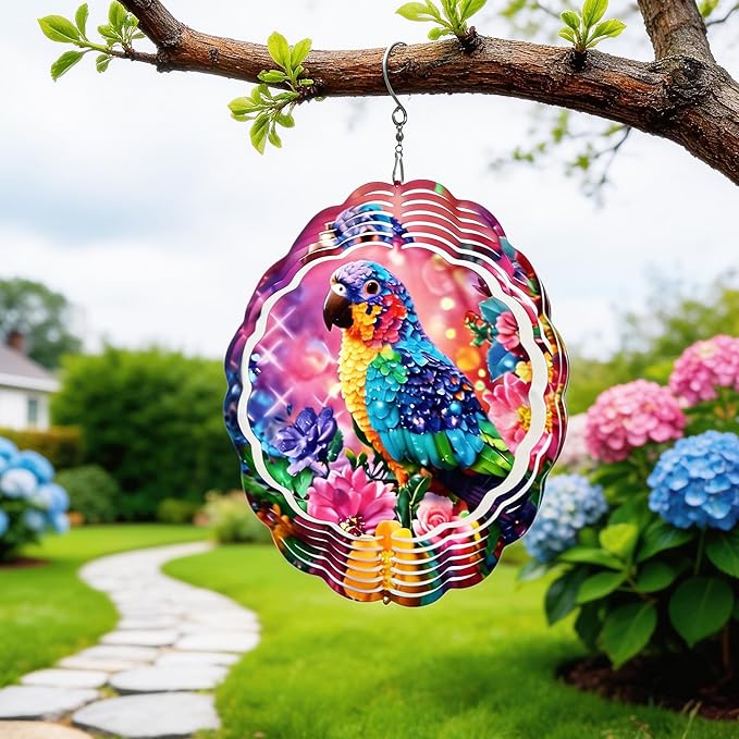 Wind Spinners Colorful Parrot Floral Art 9.8 x 9.8 Inch Metal Wind Spinner Outdoor Garden Decor Vibrant Tropical Bird Illustration Decorative Wind Spinners for Yard Patio