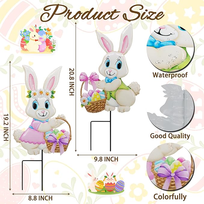 2PCS Spring Rabbit Metal Yard Decorations Stakes, Grandmas Garden Easter Holiday Yard Decoration Outdoor Stakes, Memorial Personalized Unique Garden Gifts Women for Grandma Statue