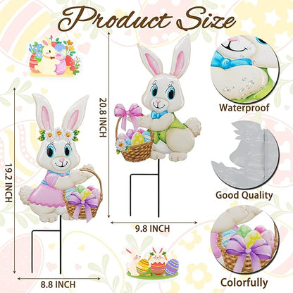 2PCS Spring Rabbit Metal Yard Decorations Stakes, Grandmas Garden Easter Holiday Yard Decoration Outdoor Stakes, Memorial Personalized Unique Garden Gifts Women for Grandma Statue