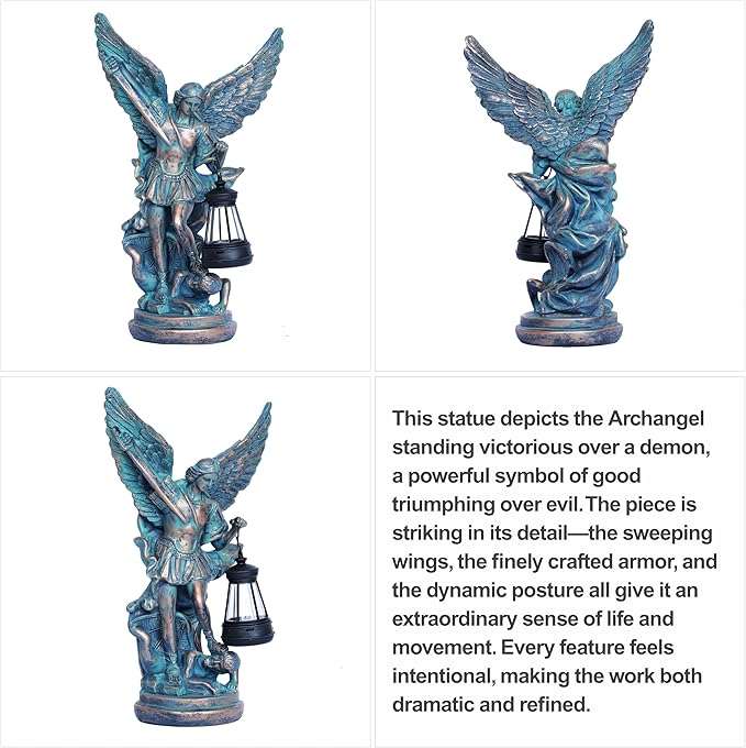 Solar San Miguel Arcangel Outdoor Garden Decor Statues 12.4" Solar St Michael the Archangel Satue for Yard Patio Lawn Porch Decorations Resin St Michael Figurine Religious Collection Sculptures Gifts