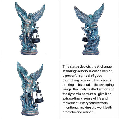 Solar San Miguel Arcangel Outdoor Garden Decor Statues 12.4" Solar St Michael the Archangel Satue for Yard Patio Lawn Porch Decorations Resin St Michael Figurine Religious Collection Sculptures Gifts