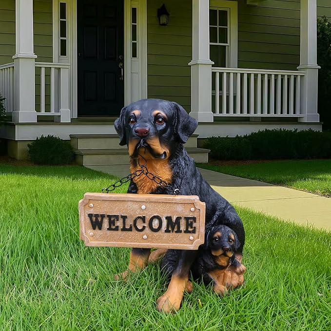 Rottweiler Mother-and-Pup Family Welcome with Solar Lantern and Double-Sided Sign, Sitting Duo Statue for Porch Bench, Garden Path & Entry