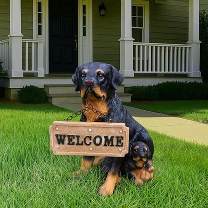 Rottweiler Mother-and-Pup Family Welcome with Solar Lantern and Double-Sided Sign, Sitting Duo Statue for Porch Bench, Garden Path & Entry