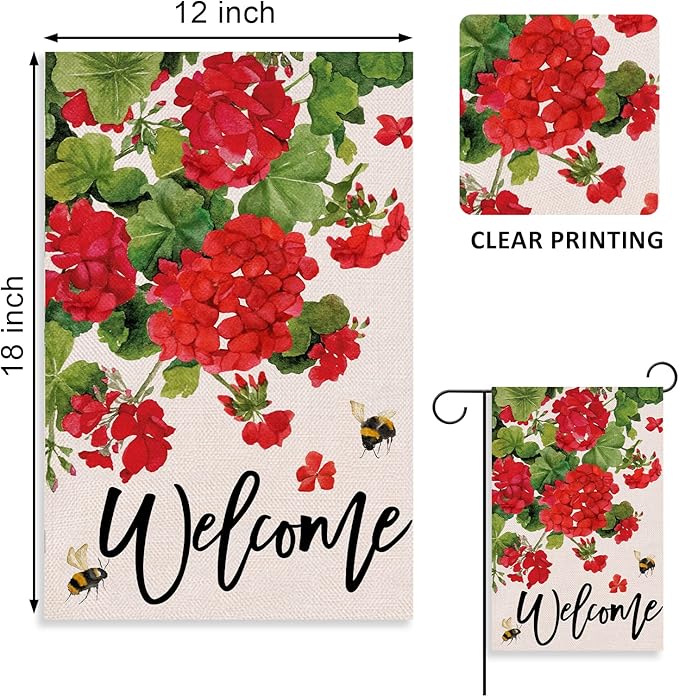 Welcome Spring Geranium Decorative Garden Flag, Red Floral Flowers Bee Yard Outside Decorations, Summer Farmhouse Outdoor Small Home Decor Double Sided 12 x 18