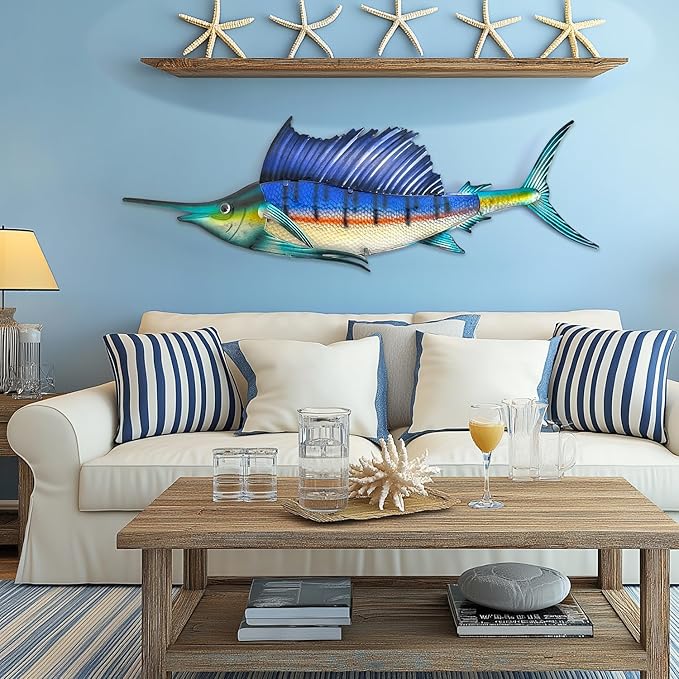 LIFFY Metal Fish Wall Art,36" Large Sailfish Wall Decor with Led Lights,Indoor Outdoor Mounted Tropical Swordfish Hanging Decorations for Home Living Room Bedroom Garden Patio