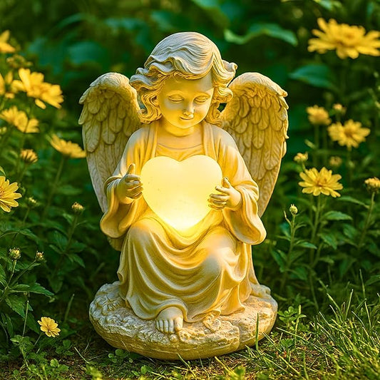 TIALLY Solar Garden Angel Statue – Praying Guardian Angel Statue Light for Outdoor Yard Decor, White Resin Garden Sculpture with Soft Glow for Angels Memorial or Cemetery Use