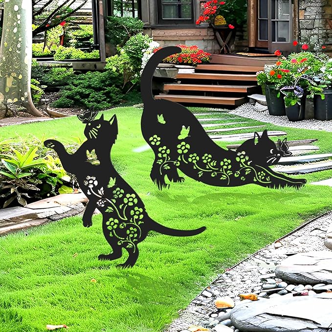 2 Pcs Black Cat Silhouette Cute Metal Cat Decor for Cat Lovers Decorative Garden Stakes for Yard Garden Lawn Outdoor Decorations (Cat)