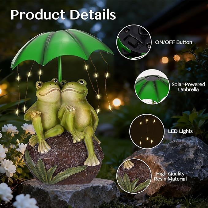 Solar Garden Statues Decor Frog Couple with LED Lights and Umbrella, Spring Outdoor Garden Statues, Frog Statue for Patio, Balcony, Housewarming, Yard Ornaments Gifts for Women