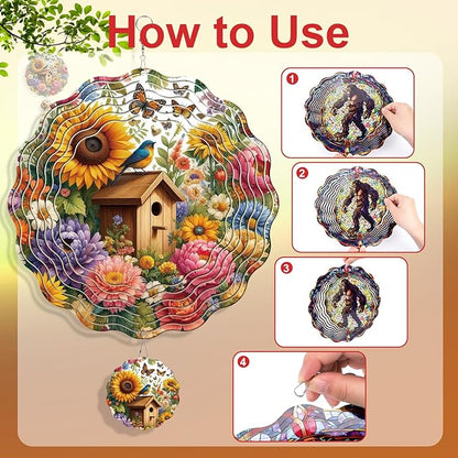 Rngmsi Flower Wind Spinners Outdoor Garden Decor for Outside, 3D Metal Wind Spinner Hanging Decor Kinetic Art for Yard, 12 in Stainless Steel Hanging Gifts for Women Housewarming