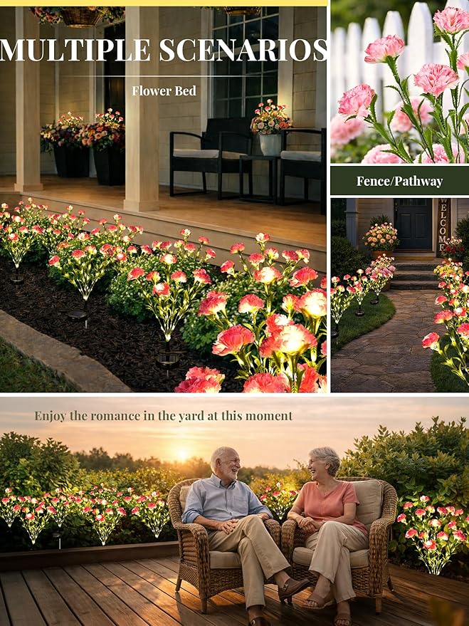 GIGALUMI Solar Lights Outdoor for Garden Decor, 4 Pack Solar Flower Lights Waterproof, 2 Lighting Modes 28 Carnations for Pathway,Yard, Patio Decoration, Gardening Gifts for Women (Pink)