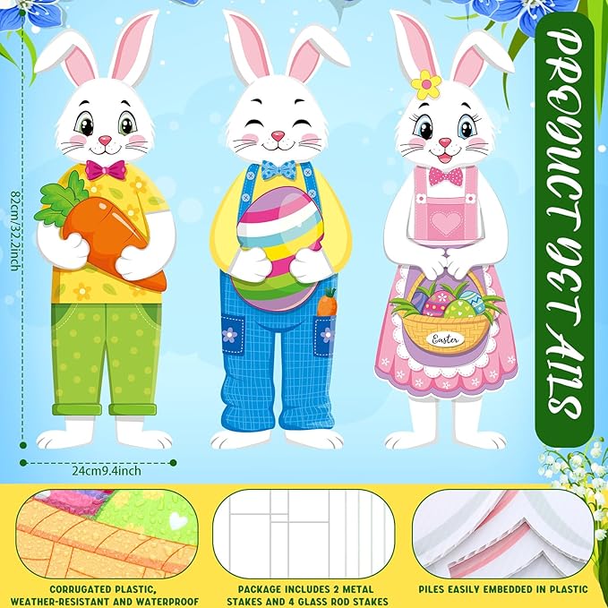 Umigy 3 Pcs Easter Yard Decor Outdoor Bunny Sign with Stakes, Spring 10 x 32 Inch Cute Bunny Egg Carrot Garden Decorations for Party Supplies Prop Patio Lawn