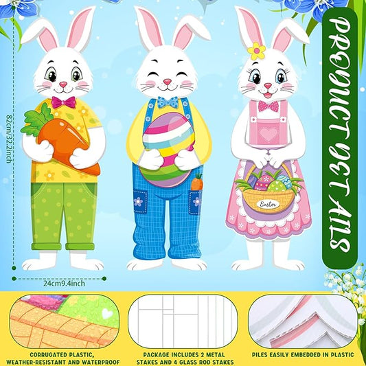 Umigy 3 Pcs Easter Yard Decor Outdoor Bunny Sign with Stakes, Spring 10 x 32 Inch Cute Bunny Egg Carrot Garden Decorations for Party Supplies Prop Patio Lawn