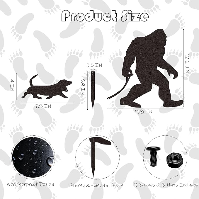 Bigfoot Garden Stake Laser Cut Metal Sasquatch Statue Walking Dachshund Dog on Leash Funny Yard Decor, Outdoor Metal Yard Art Silhouette, Sign for Garden & Lawn