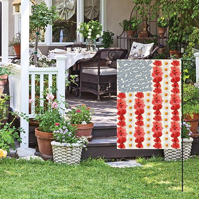 AVOIN colorlife Myosotis Poppy Memorial Day Garden Flag 12x18 Inch Double Sided Outside, Patriotic American Flag Yard Outdoor Decoration
