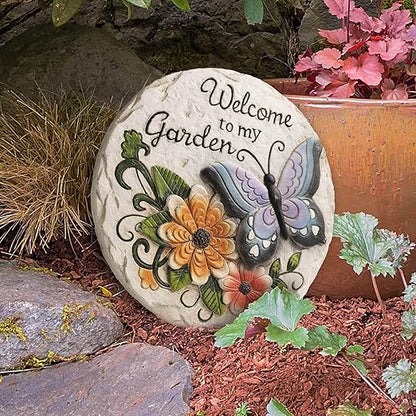 Garden Stepping Stones Outdoor Butterfly Step Stones for Walkway Gardening Gifts Welcome to My Garden Decorative Round Concrete Stones for Outside Yard Stone