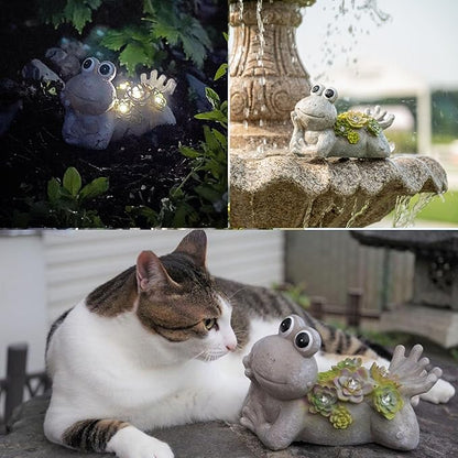 TERESA'S COLLECTIONS Frog Garden Decor with Solar Light for Outdoor Statues,Adorable Lying Frog Resin Lawn Ornaments Resting Animal Succulent Stone Figurines for Porch Patio Gifts for Mom Dad,7.3"